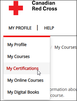 screenshot of MY PROFILE and My Certifications menu selection