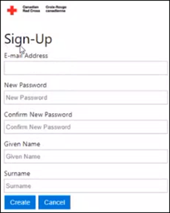  screenshot of  MyRC Create an account page (Sign-up). showing the required fields: Email Address , New Password, Confirm New Password, Given Name, and Surname.  Blue Create button at bottom.