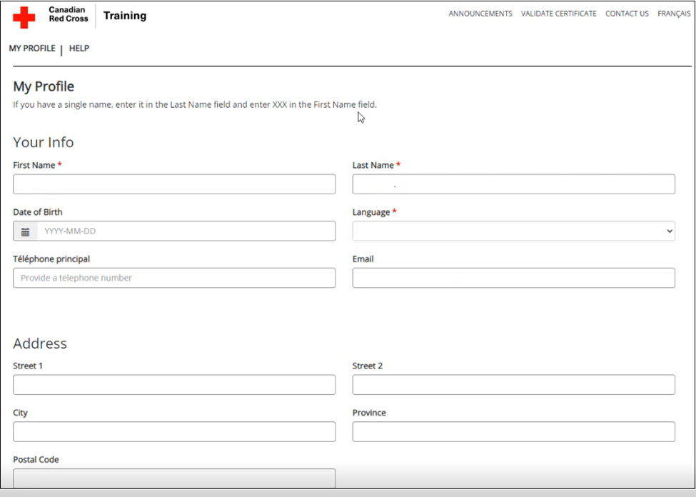 screenshot of the CRC Training site page entitled My Profile, with required (first name, last name, language)and optional (date of birth, telephone, email, address) fields, and Submit button at bottom.
