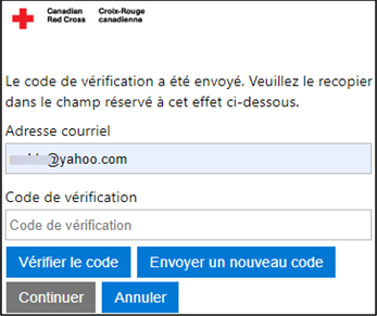 Capture d'écran des champs Adresse couriel et Code de vérification, ainsi que le bouton Vérifier le code