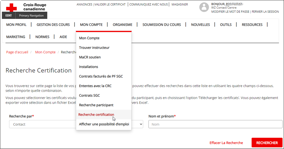 Capture d'écran de la barre de navigation principale : sélectionnez « MON COMPTE », puis « Recherche certification ».