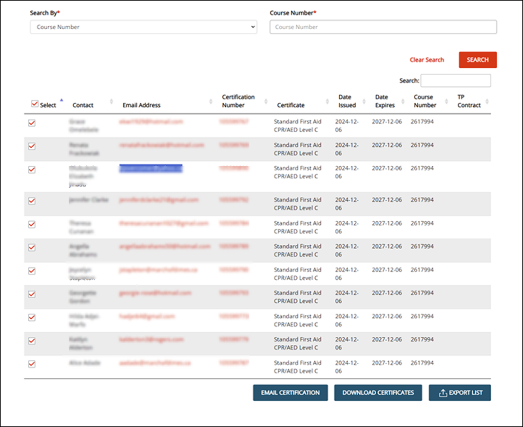 screenshot of Search Results Page, with fields Search By and Course Number, followed by a table of results
