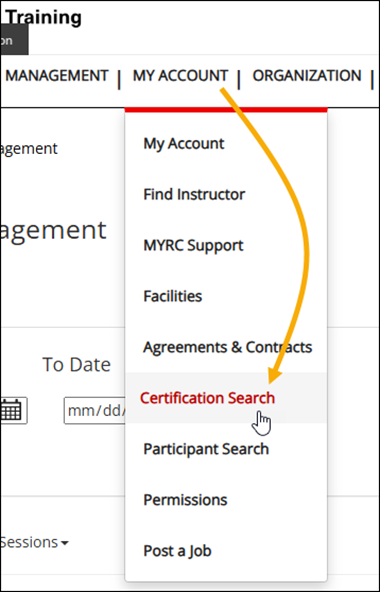 screenshot of main menu selection My Account, then Certification Search