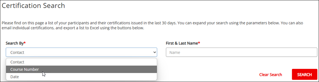 screenshot of Certification Search Page, with fields Search By, and First & Last Name