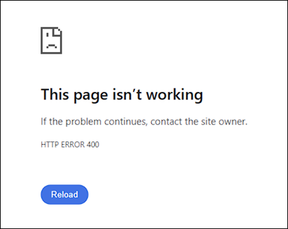 screenshot of browser error message, this page isn't working