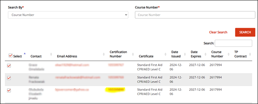 screenshot of Certification search results, with highlighted certificate number