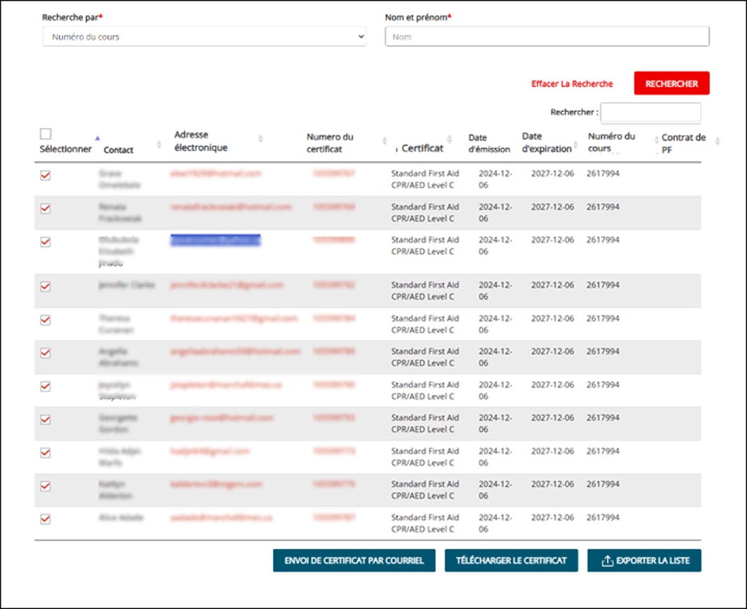 Capture d’écran de la page de résultats de recherche de certificats, affichant les champs Recherche par, Numéro du cours, suivi d’un tableau des résultats