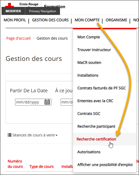 Capture d’écran des onglets du menu de navigation principal Mon compte, et Recherche certification
