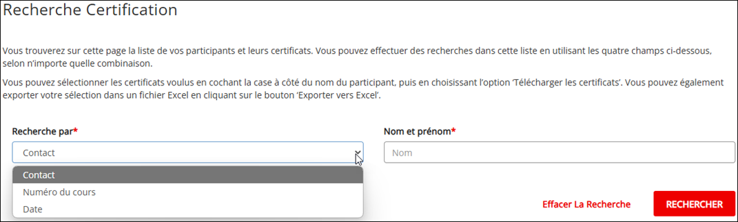 Capture d’écran de la page Recherche certification présentant les champs Recherche par et Nom et prénom
