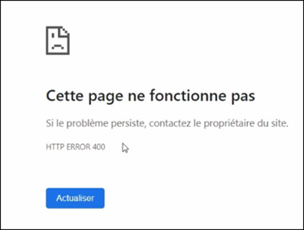 Capture d’écran du message d’erreur du navigateur, affichant le message Cette page ne fonctionne pas.