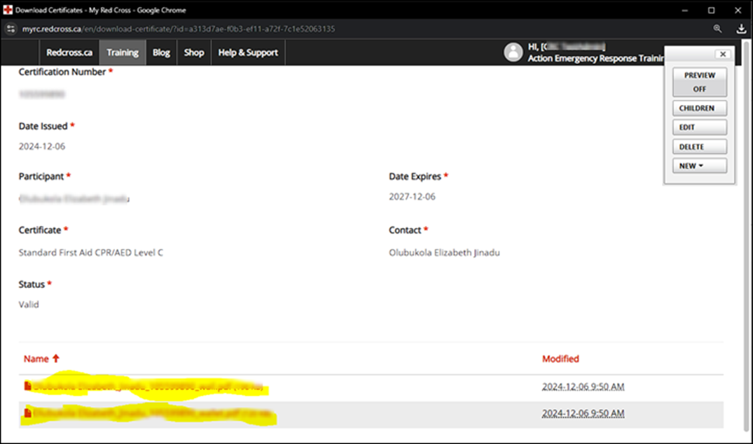 screenshot of Participant Certificate Record, with highlighted file name links