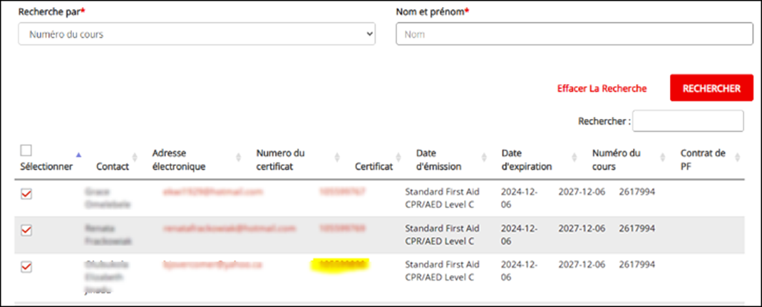 Capture d’écran de la page de résultats de recherche de certificats avec un numéro de certificat en surbrillance