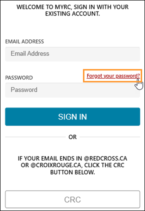 Screenshot of CRC Login page with callout to ‘Forgot your password?’ link.