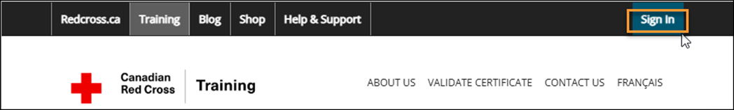 Screenshot of CRC Training page top navigation with callout to Sign In button on far right.