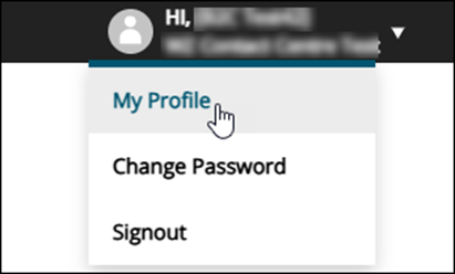 Screenshot of top right of CRC Training page with drop down menu beside user name showing selection for My Profile.
