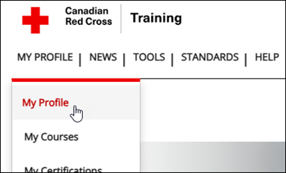 Screenshot of CRC Training top left of page with MY PROFILE nav bar selection and My Profile menu item selection.