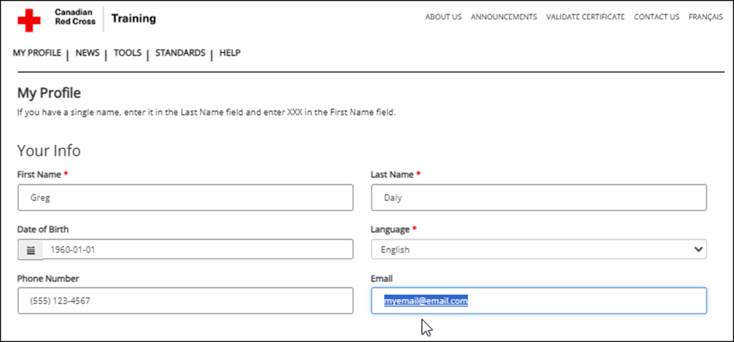 Screenshot of My Profile page with pointer at Email field.