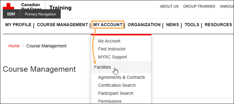 Screenshot of main navigation bar with MY ACCOUNT tab and Facilities menu item selected.