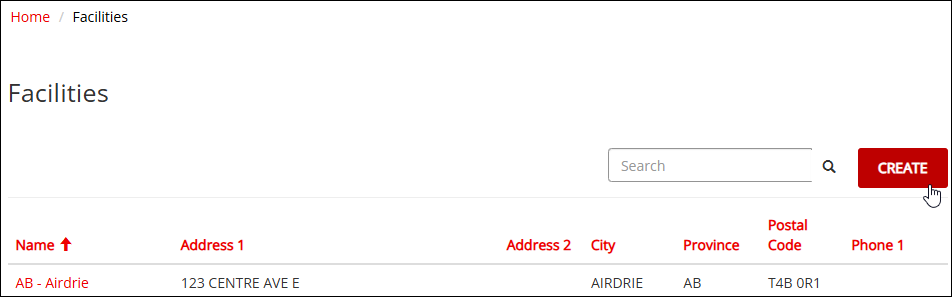Screenshot of Facilities page with pointer at CREATE button on far most right.