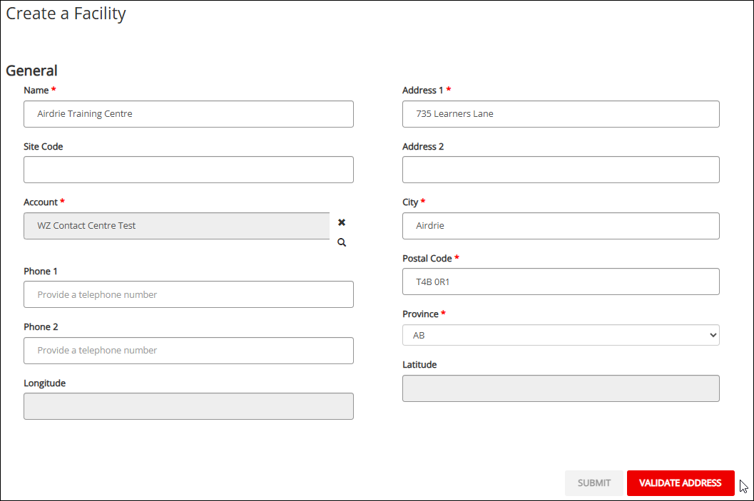 Screenshot of Create a Facility page with pointer at VALIDATE ADDRESS button on bottom right.