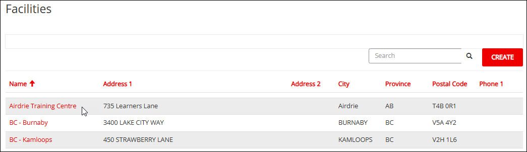 Screenshot of Facilities page with pointer at newly created facility Name.