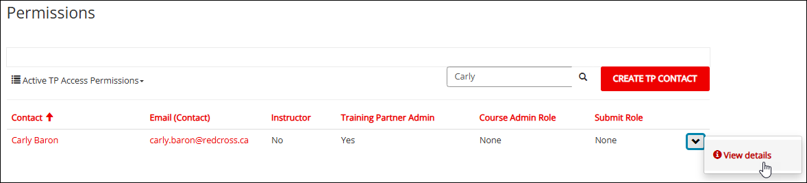 Screenshot of Permissions page with pointer at far right of table row, selecting drop down arrow to View details.
