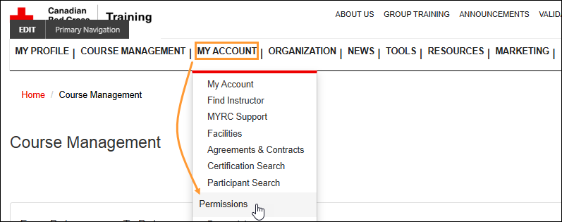 Screenshot of main navigation bar with MY ACCOUNT tab and Permissions menu item selected.