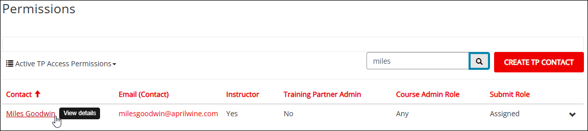 Screenshot of Permissions page showing first row of table, with pointer at Contact name.