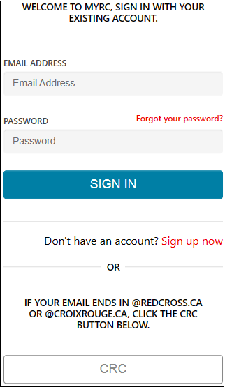 Screenshot of CRC Sign-in page with blue SIGN IN button in middle