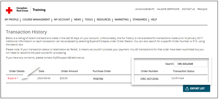 screenshot of Transaction History page