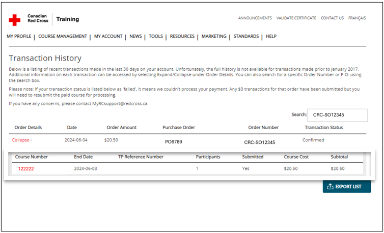 screenshot of Transaction History page after clicking Expand link
