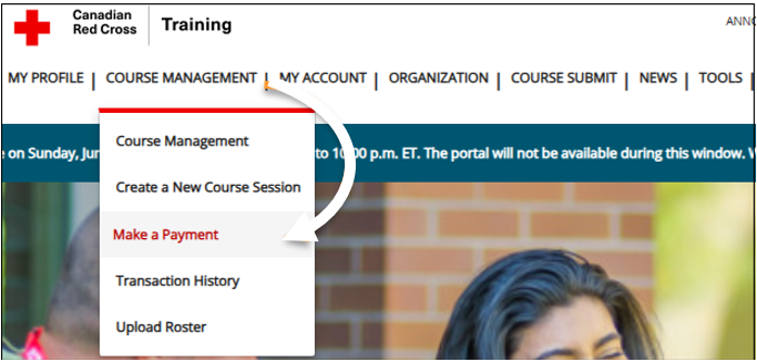 screenshot of main menu with COURSE MANAGEMENT selected, then Make a Payment