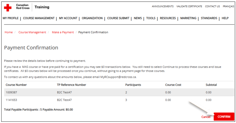 screenshot of Payment Confirmation page