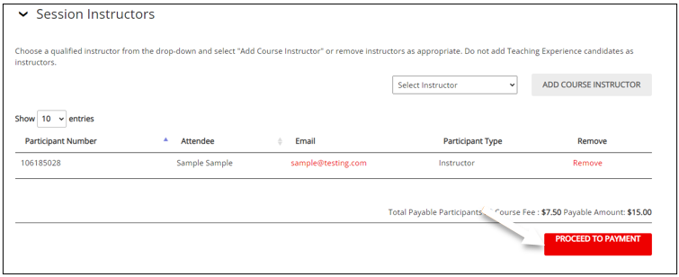 screenshot of Session Instruction section of Participants and Instructors page