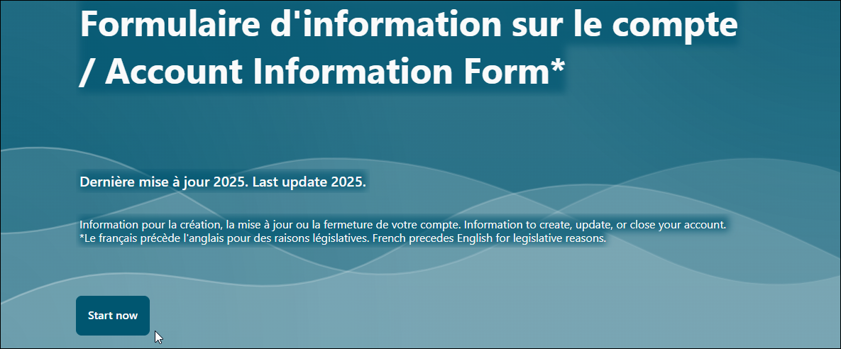 Screenshot of Account Information title page with pointer at ‘Start now’ button
