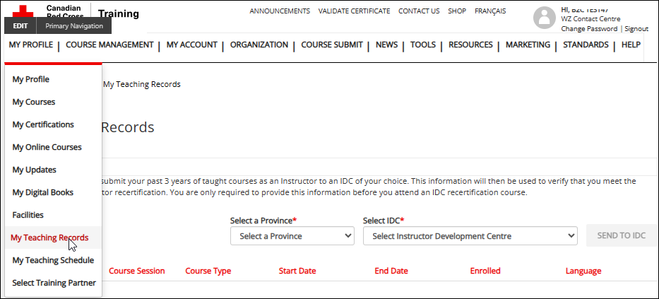 screenshot of My Teaching Records page