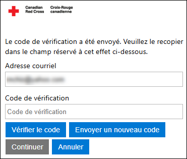 Capture d'écran des champs Adresse couriel et Code de vérification, ainsi que le bouton Vérifier le code